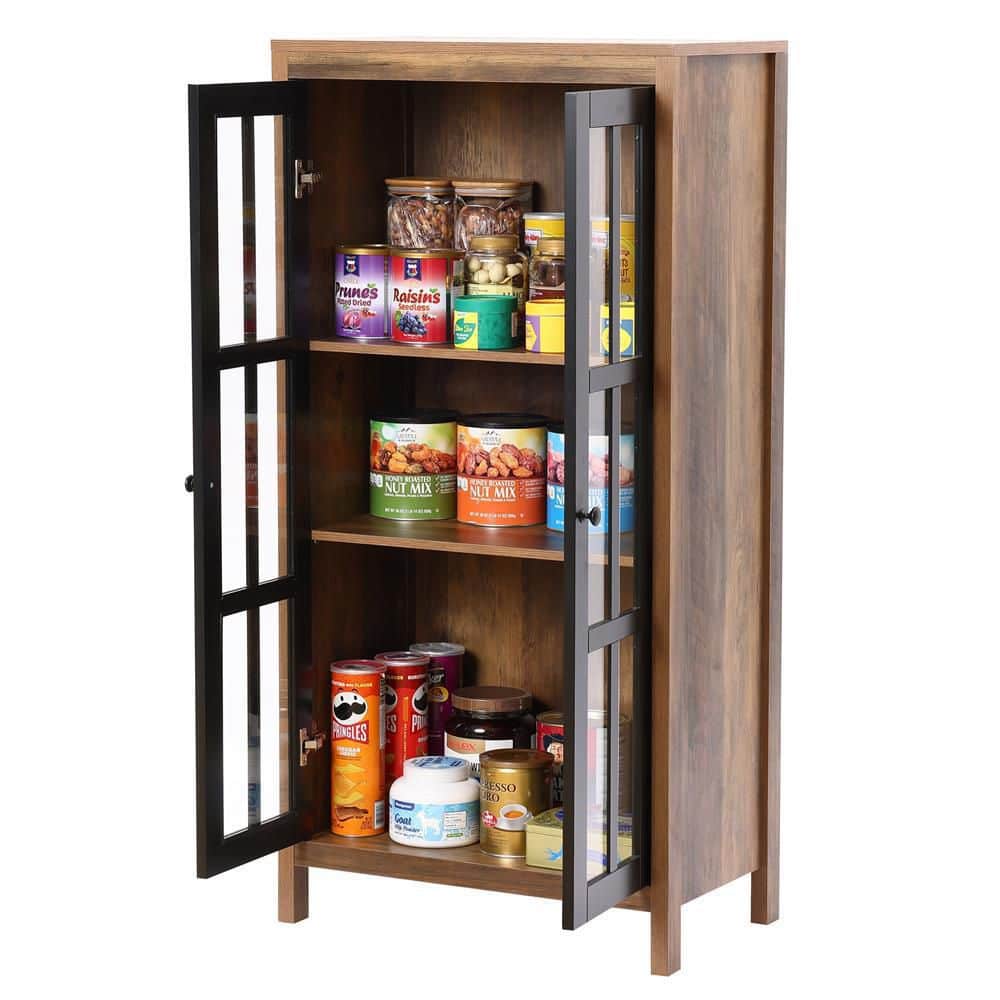 Natural Wood and Black Glass Door Curio Cabinet