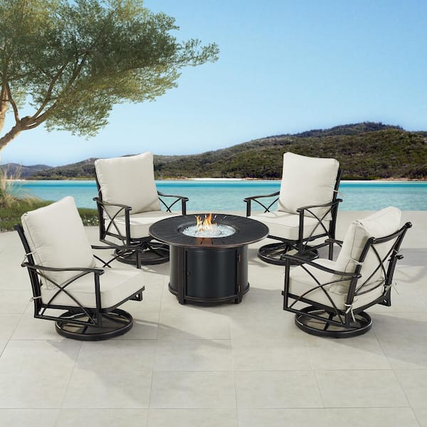 Oakland Living Black Aluminum Fire Table Set with 4-Club Chairs