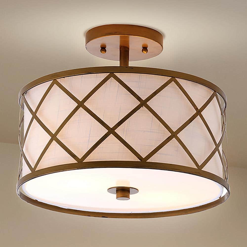 Transitional Elegance 13.25" Gold Metal LED Flush Mount with White Linen Shade