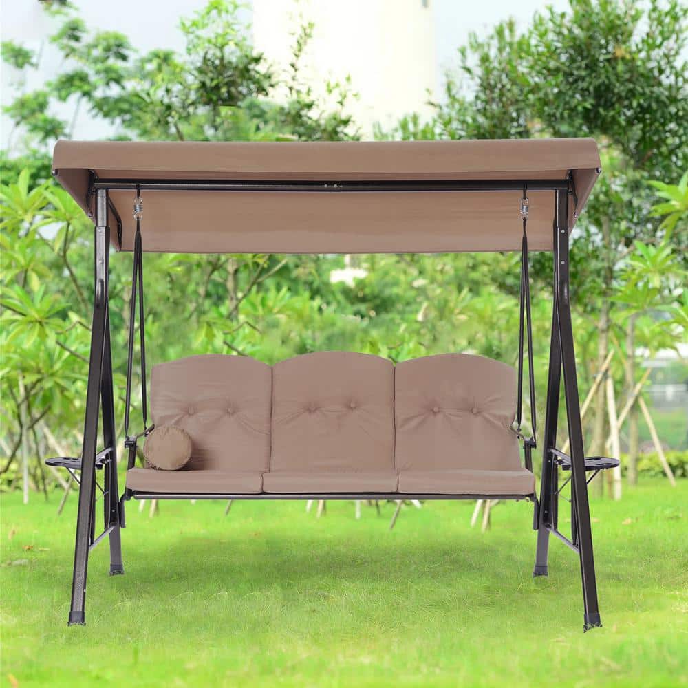 Maincraft 78.7 in. 3Person Black Metal Patio Swing Chair with Dark