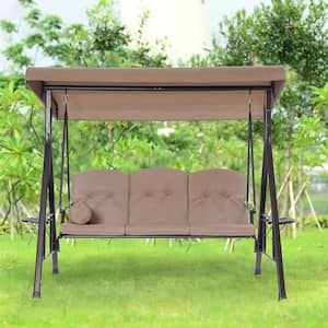 78.7 in. 3-Person Black Metal Patio Swing Chair with Dark Beige Cushions and Adjustable Canopy