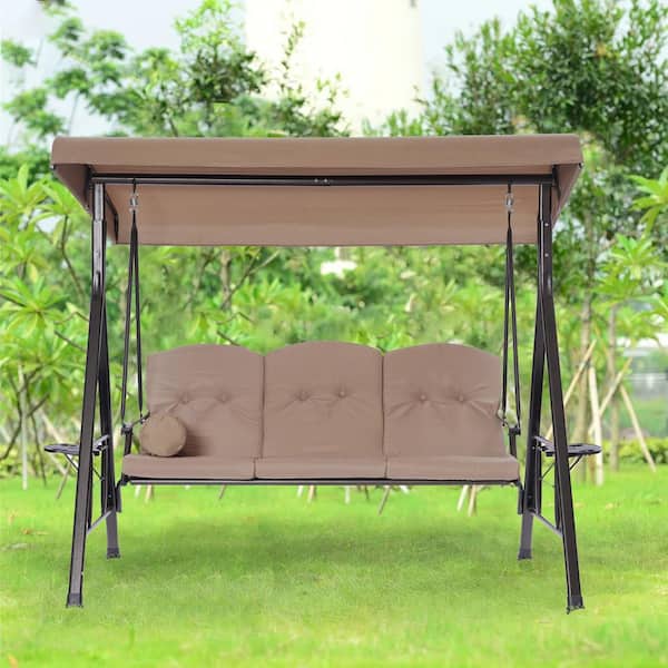 Maincraft 78.7 in. 3-Person Black Metal Patio Swing Chair with Dark Beige Cushions and Adjustable Canopy