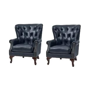 Eberhard Navy Genuine Leather Arm Chair with Nailhead Trims and Removable Cushion Set of 2