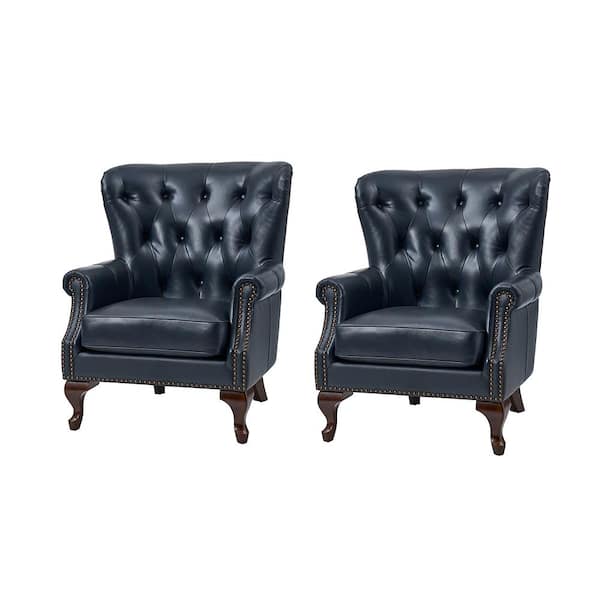JAYDEN CREATION Eberhard Navy Genuine Leather Arm Chair with Nailhead Trims and Removable Cushion Set of 2