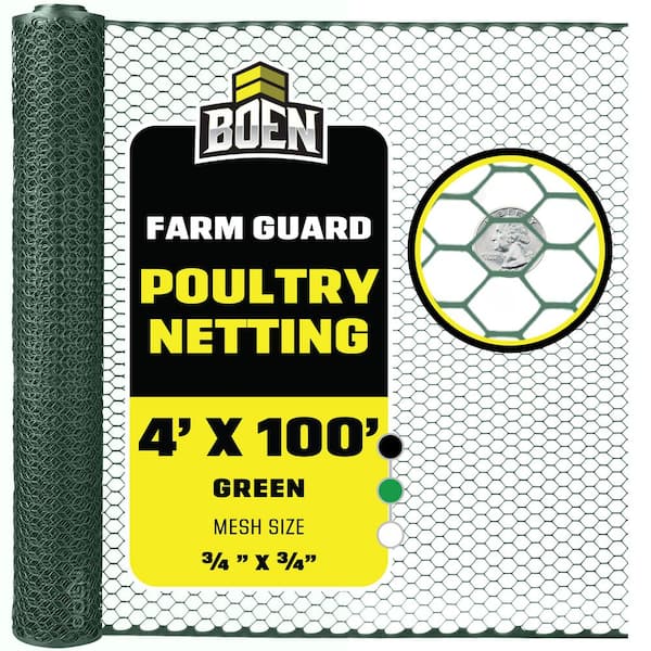 BOEN 4 ft. x 100 ft. Plastic Poultry Hex Garden Fence Netting in Green
