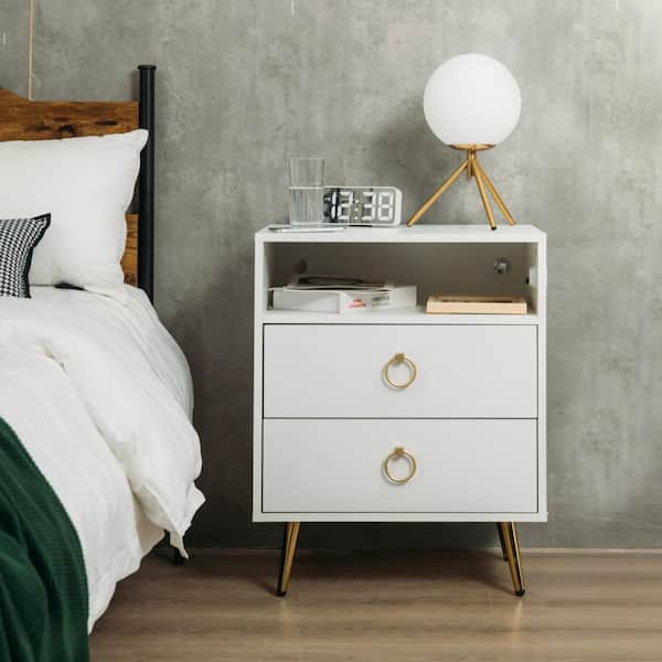 HOMMPA LED 2-Drawer White Nightstand 27.2 in. H x 21.7 in. W x 15.7 in. D with 1 Open Shelf/2 USB Charging Ports/Metal Legs