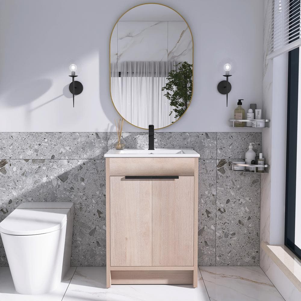 Freestanding Light Oak Plywood Bathroom Vanity with White Ceramic Sink