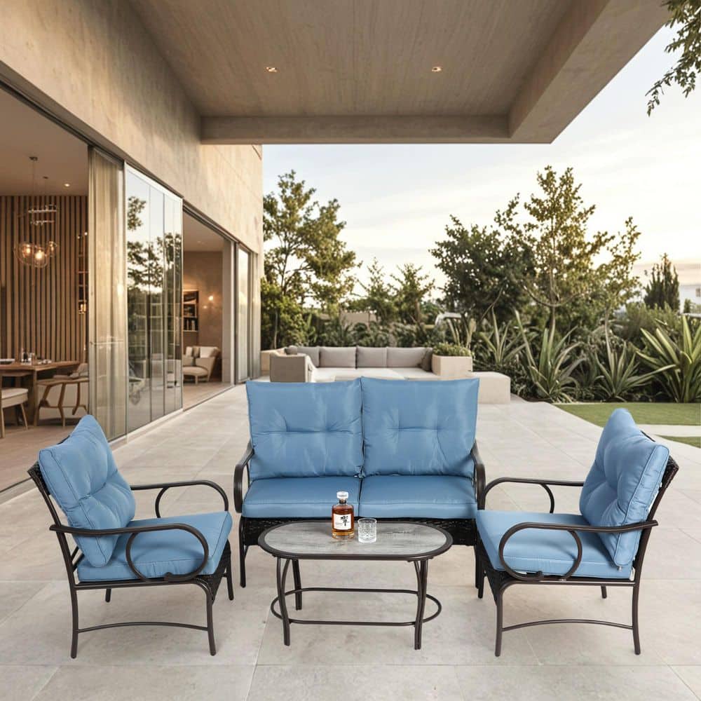 4 Piece Wicker Outdoor Patio Sectional Set, Conversation Set, Brown Rattan 