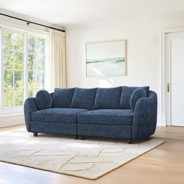 Gila 90 in. Chenille Fabric Round Arm Couch Upholstered Rectangle 3-Seater Sofa for Living Room in Blue