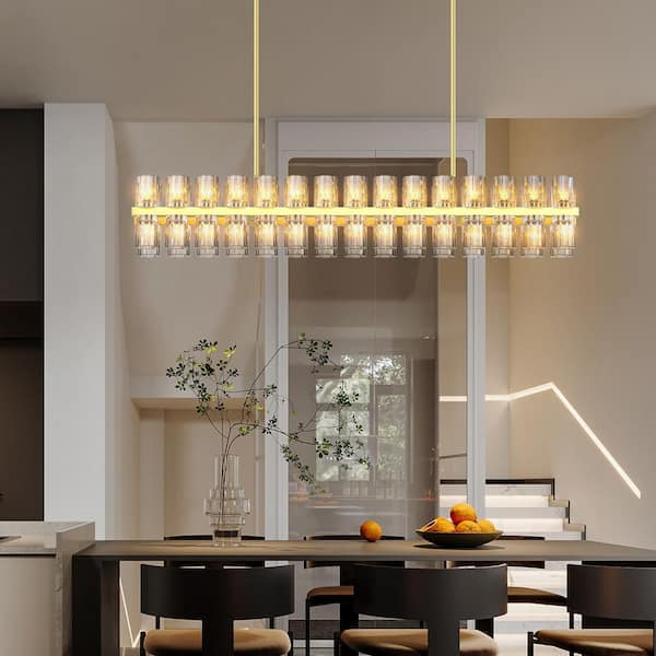 Crysia Modern LED 54 in. 60-Lights Gold K9 Crystal Linear Chandelier with Bulbs Included, for Kitchen Island Dining Room