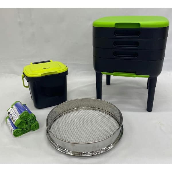 6 Gal. Stationary 3 Tray Worm Compost Farm with Plastic Leg Extensions, 16 in. Sifter and 1.85 Gal. Caddie w/Corn Bags