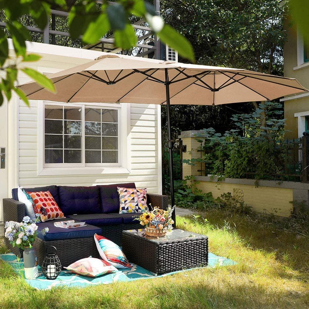 15 ft Beige Double-Sided Outdoor Market Umbrella with Crank and Base