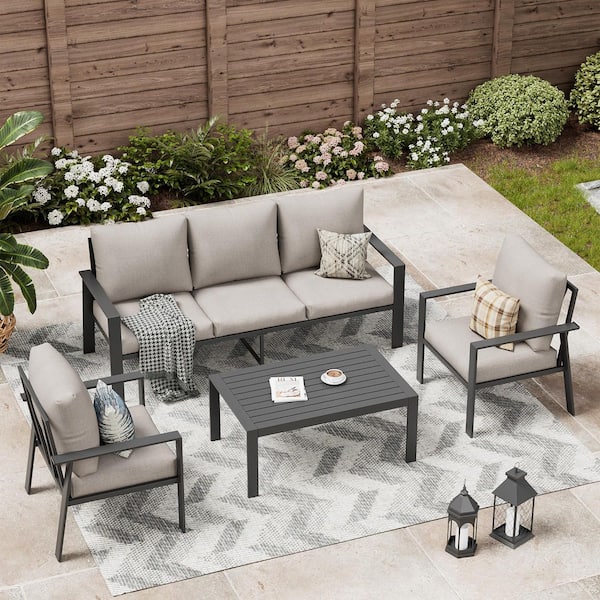 Aluminum Seating Group With Beige Cushions, 4-Piece Outdoor Patio Furniture Set