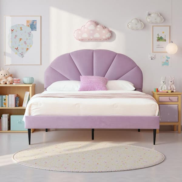 Purple Frame Full Size of Luxury Velvet Platform Bed with Seashell-Shaped Headboard