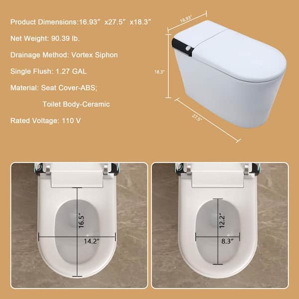 LORDEAR 1.27 GPF Tankless Elongated Smart Bidet Toilet with Auto Open/Close Lid in White