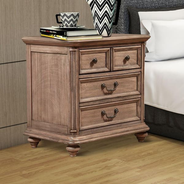 Benjara Mahogany Wood 4-Drawer French Truffle Brown Nightstand 18 in. L x 28 in. W x 27 in. H