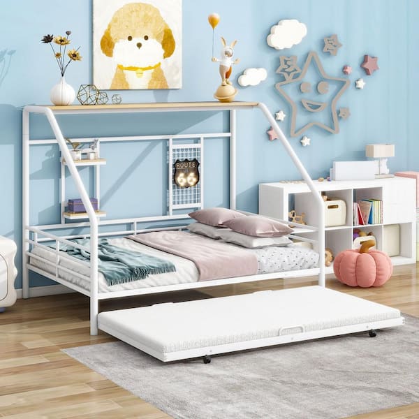 Harper & Bright Designs White Metal Frame Full Size House Platform Bed with Trundle, Roof, Built-In Shelf and Grid