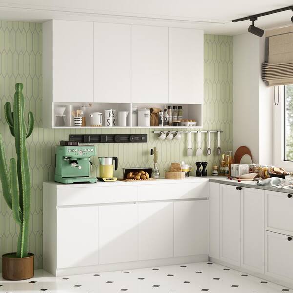 FUFU&GAGA White Wood 63 in. W Sideboard, Storage Cabinet, with Wall Mounted Kitchen Cabinet, Doors and Open Shelves (2-Parts)
