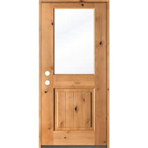 32 in. x 80 in. Rustic Knotty Alder Wood Clear Low-E Half-Lite Clear Stain/V-Groove Right Hand Single Prehung Front Door