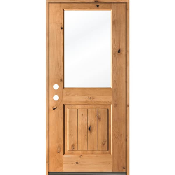 Krosswood Doors 32 in. x 80 in. Rustic Knotty Alder Wood Clear Low-E Half-Lite Clear Stain/V-Groove Right Hand Single Prehung Front Door