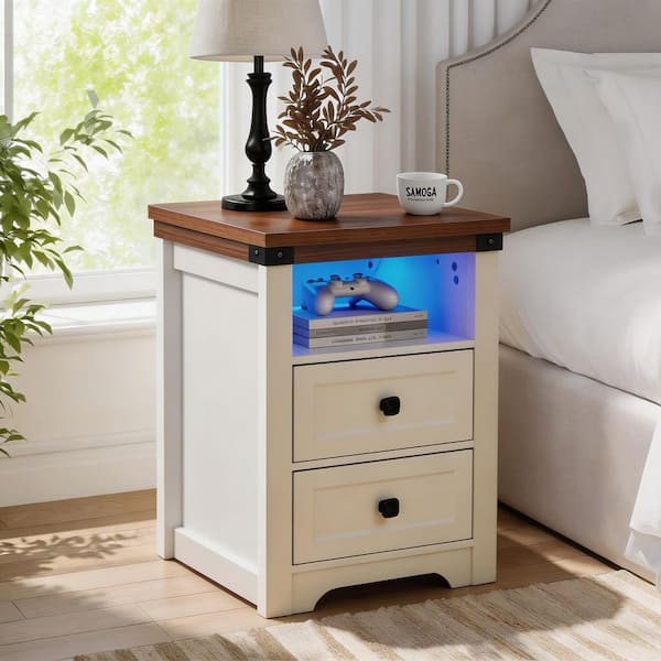 Icarus White 2-Drawer Nightstand with Charging Station, Bedside Table with Open Shelf