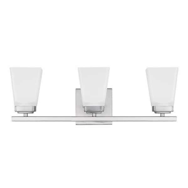 22 in. W x 7 in. H x 7 in. E 3-Light Vanity Light in Brushed Nickel with Soft White Glass Shade