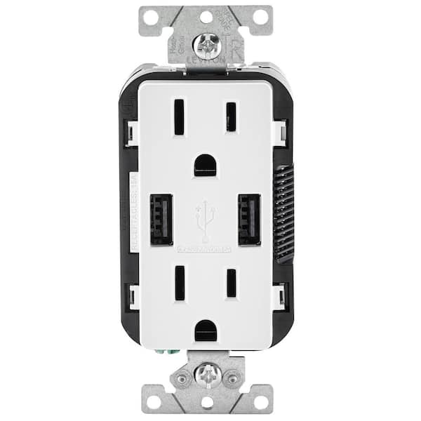 Leviton 15 Amp Decora Combination Tamper Resistant Duplex Outlet and USB Outlet, White T5632-W