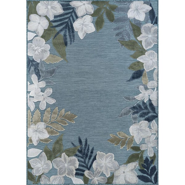 Eden 9 ft. x 12 ft. Aqua  Washable Border Floral Indoor Outdoor Area Rug