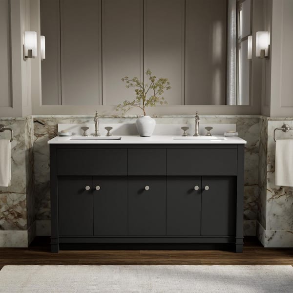 Alouette 60 in. Double SinkFerrous Grey Bath Vanity Cabinet with Sinks and Quartz Top