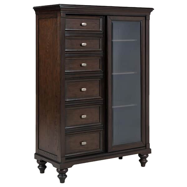 Andover Dark Oak 6-Drawer 46 in. Chest of Drawers with Tempered Glass Door