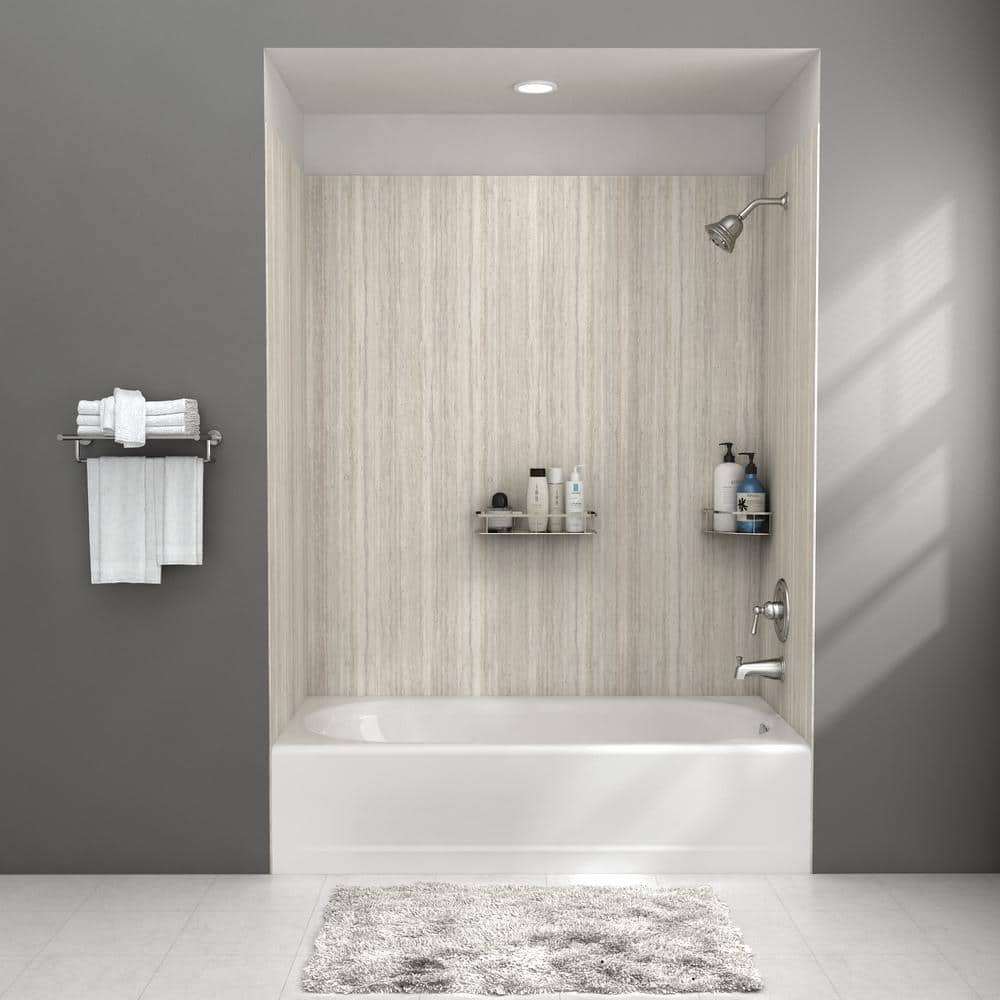 Passage 32 in. x 60 in. 4-Piece Glue-Up Alcove Bath Wall in Pewter Traverti