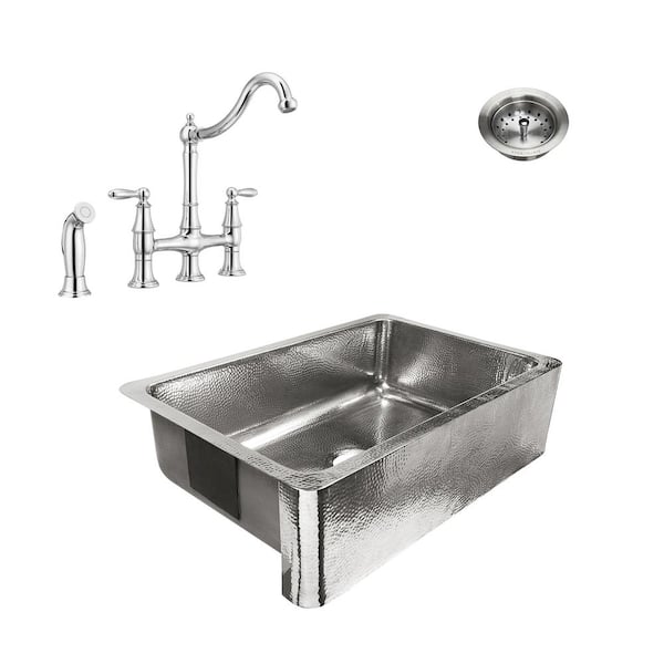 SINKOLOGY Percy All-in-One Farmhouse Polished Stainless Steel 32 in. Single Bowl Kitchen Sink with Pfister Bridge Faucet and Drain