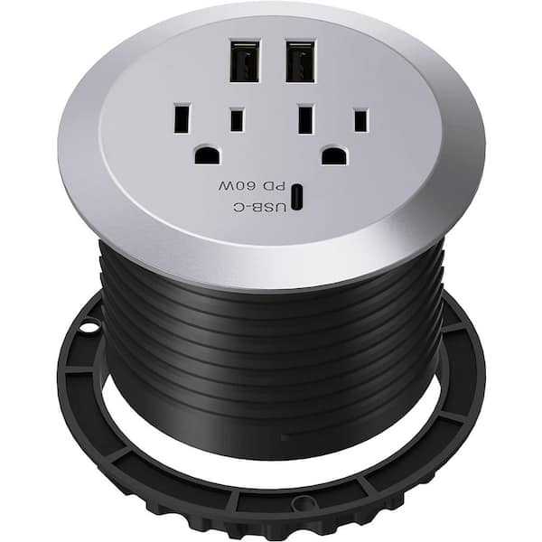 TOPGREENER 12- Amp 2-Outlets Desktop Grommet, 60-Watt Power Delivery Type C Port, 3-USB Charging Ports, Silver