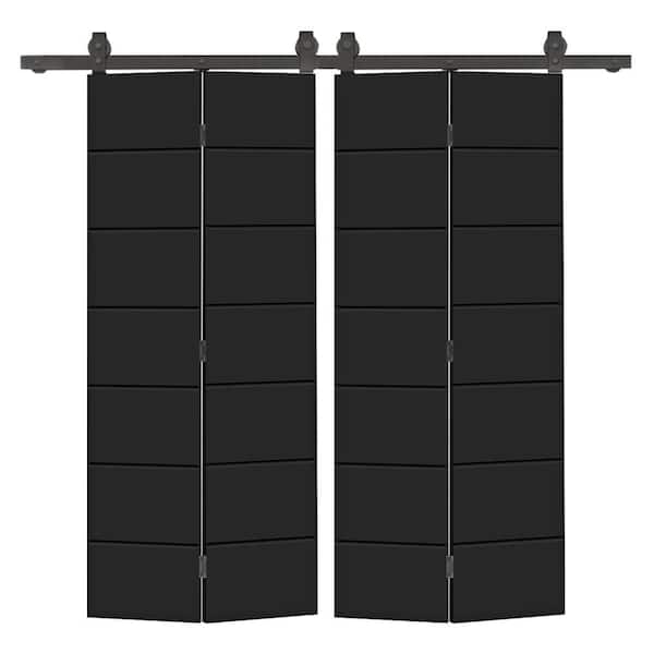72 in. x 80 in. Black Painted MDF Composite Modern Bi-Fold Hollow Core Double Barn Door with Sliding Hardware Kit