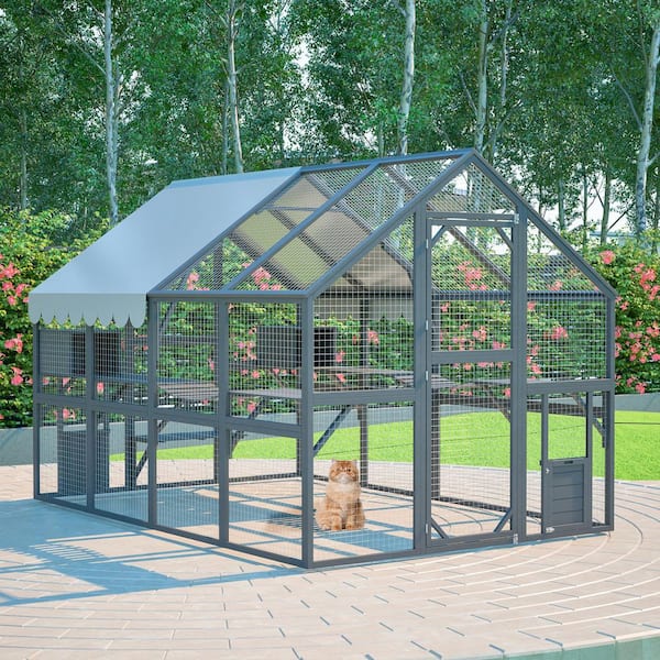 Outdoor Large Walk-in Cat House Cat Run Enclosure Wooden Cat Catio with Enter Door and Roof Cover, Gray