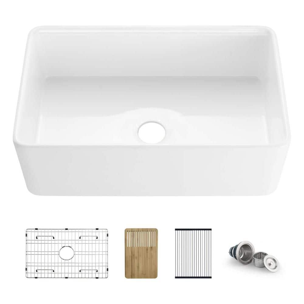 30 in. Farmhouse/Apron-Front Single Bowl Glossy White Fireclay Kitchen Sink with Cutting Board, Rolling Drying Rack price history on PriceWatchPro