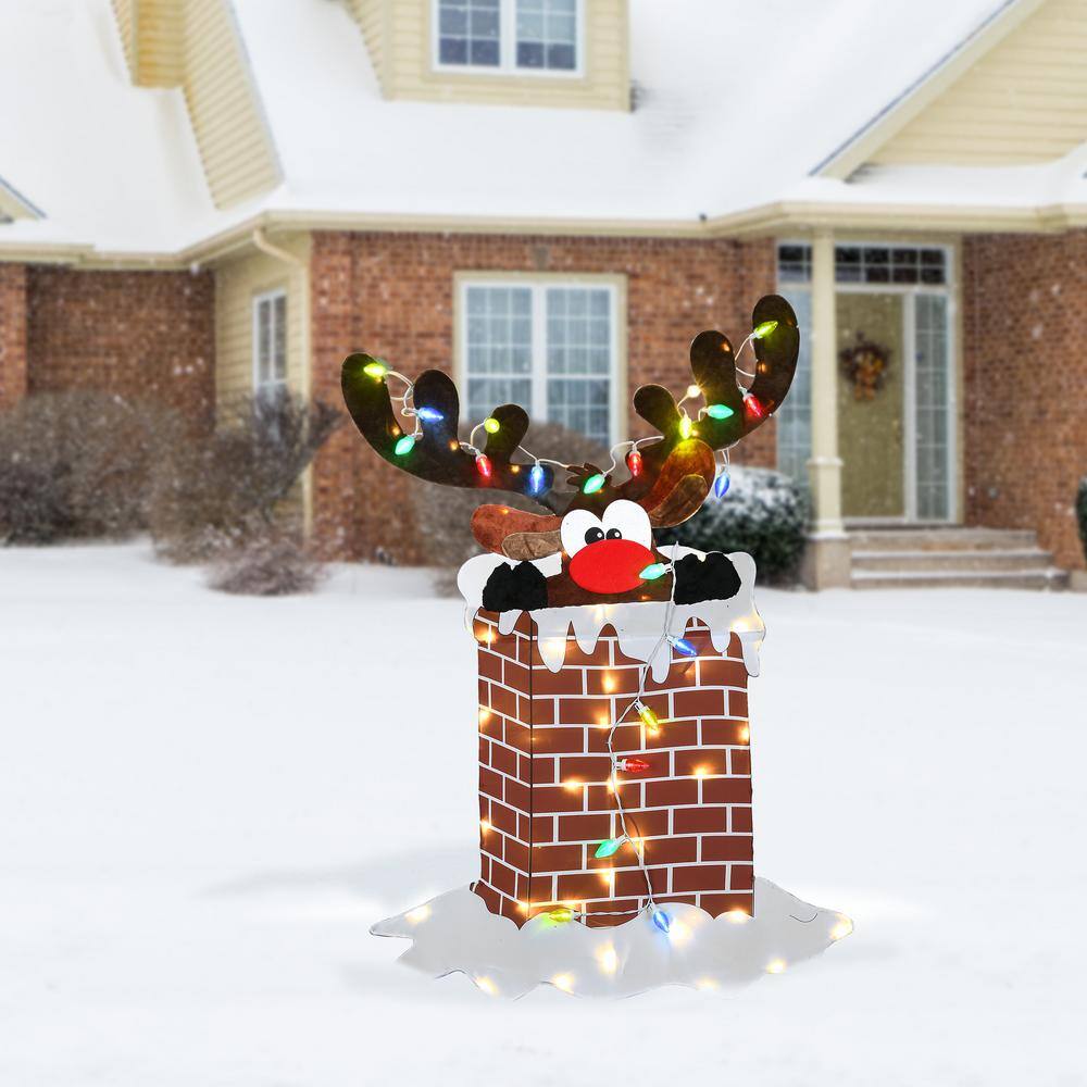 47-Inch Multicolored LED Reindeer in Brick Chimney Christmas Decoration