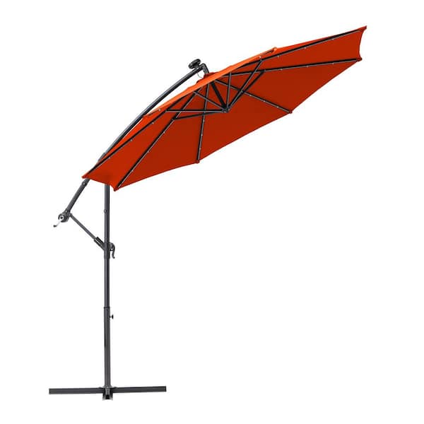 Kadehome 10 ft. Aluminum Pole Market Solar Light No Tilt Banana Hanging Patio Umbrella with Cross Base in Orange