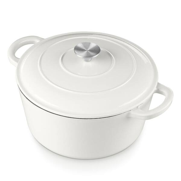 6 qt. Round Enameled Cast Iron Dutch Oven with Lid, White, Oven Safe Cookware for Braising and Baking