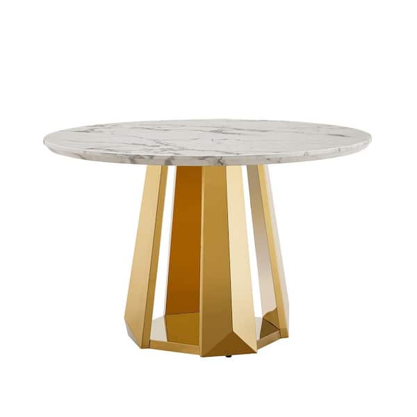 Gwyneth Gold + White Faux Marble 46.85 in. Pedestal Round Dining Table Seats 4 with Stainless Steel Base