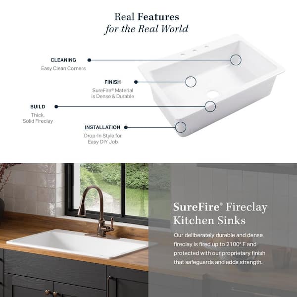 Jackson Drop-in Fireclay 33 in. 3-Hole Single Bowl Kitchen Sink in Crisp White Jackson Drop-in Fireclay 33 in. 3-Hole Single Bowl Kitchen Sink in Crisp White