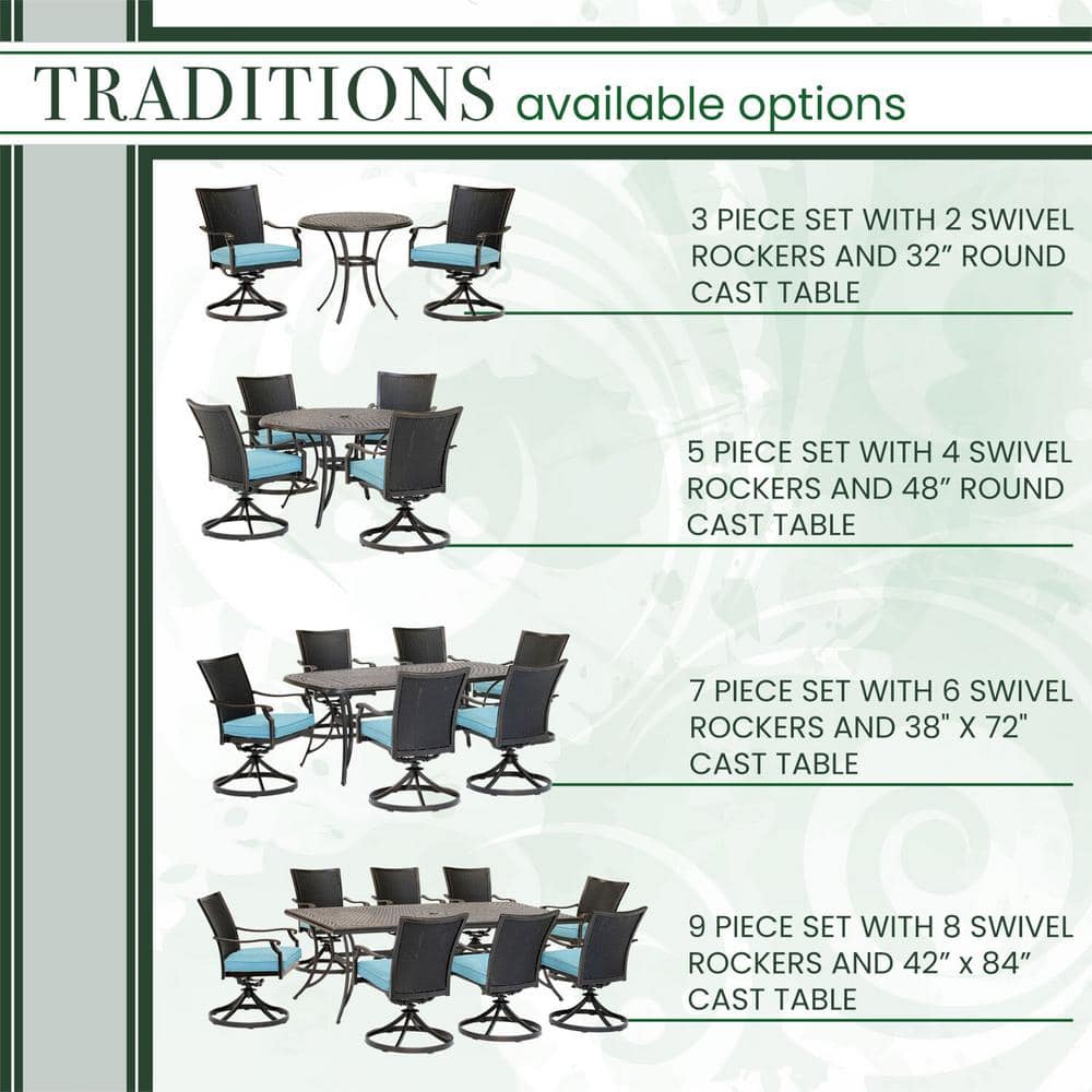Traditions Elegance 7-Piece Blue Cast-Top Outdoor Dining Set with Wicker Swivel Rockers
