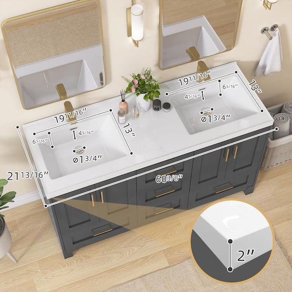 Eclipse 60 in. Freestanding Deep Gray Bath Vanity with White Solid Surface Double Sink Top Solid Wood Cabinet Assembled