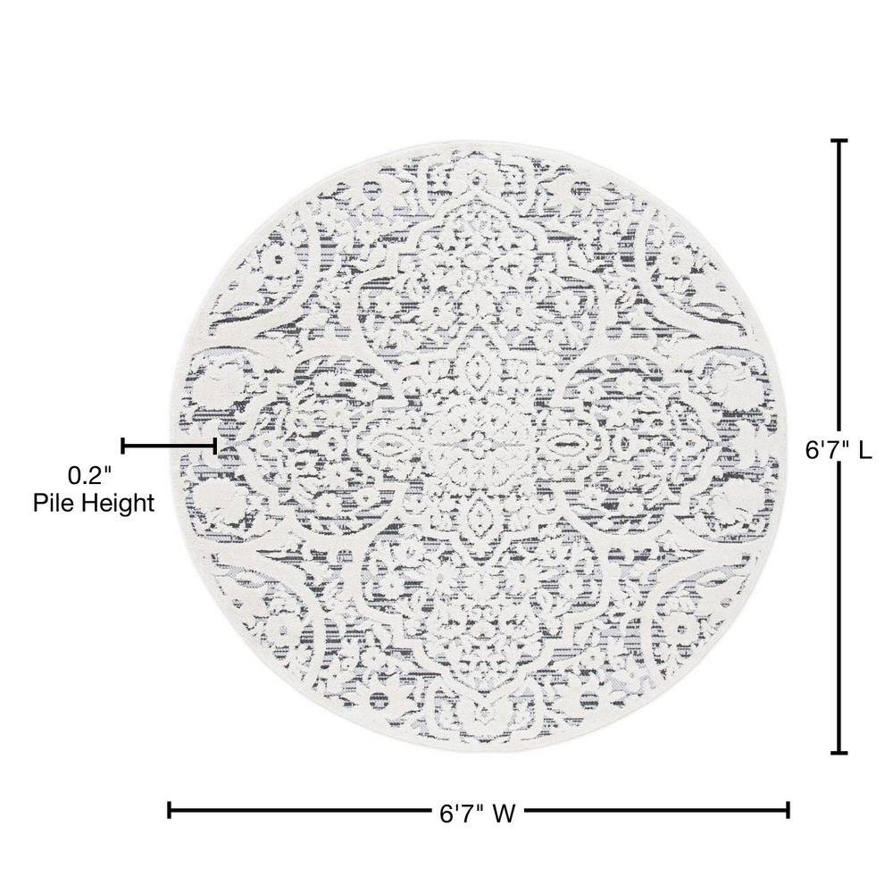 Gray Floral Round Synthetic Indoor/Outdoor Rug