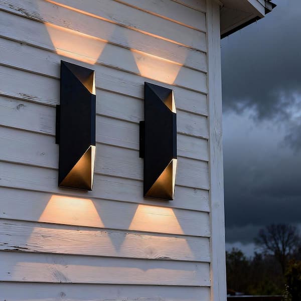 14.5 in. Modern Black LED Outdoor Wall Light, Rectangular Geometric Wall Sconce with 3000K Warm Glow, 2-Pack