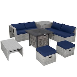 9-Piece Wicker Patio Conversation Set with 32-Inch Propane Fire Pit Table and Navy Cushions