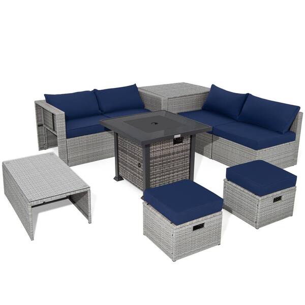 ANGELES HOME 9-Piece Wicker Patio Conversation Set with 32-Inch Propane Fire Pit Table and Navy Cushions