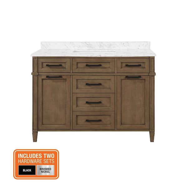 Caville 48 in. Single Sink Almond Latte Bath Vanity with Carrara marble top and Integrated Power Outlet (Assembled)