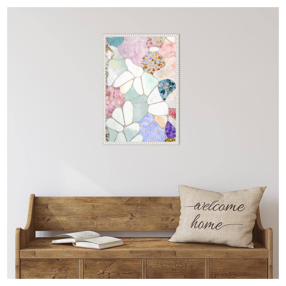 Floral Mosaic Abstract Canvas Art with White Beaded Frame