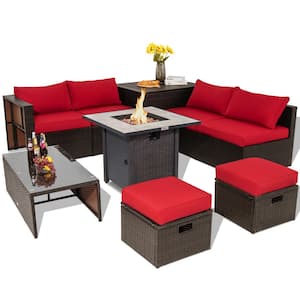 9-Piece Space-Saving Wicker Patio Conversation Set with Propane Fire Pit Table & Storage Box & Red Cushions